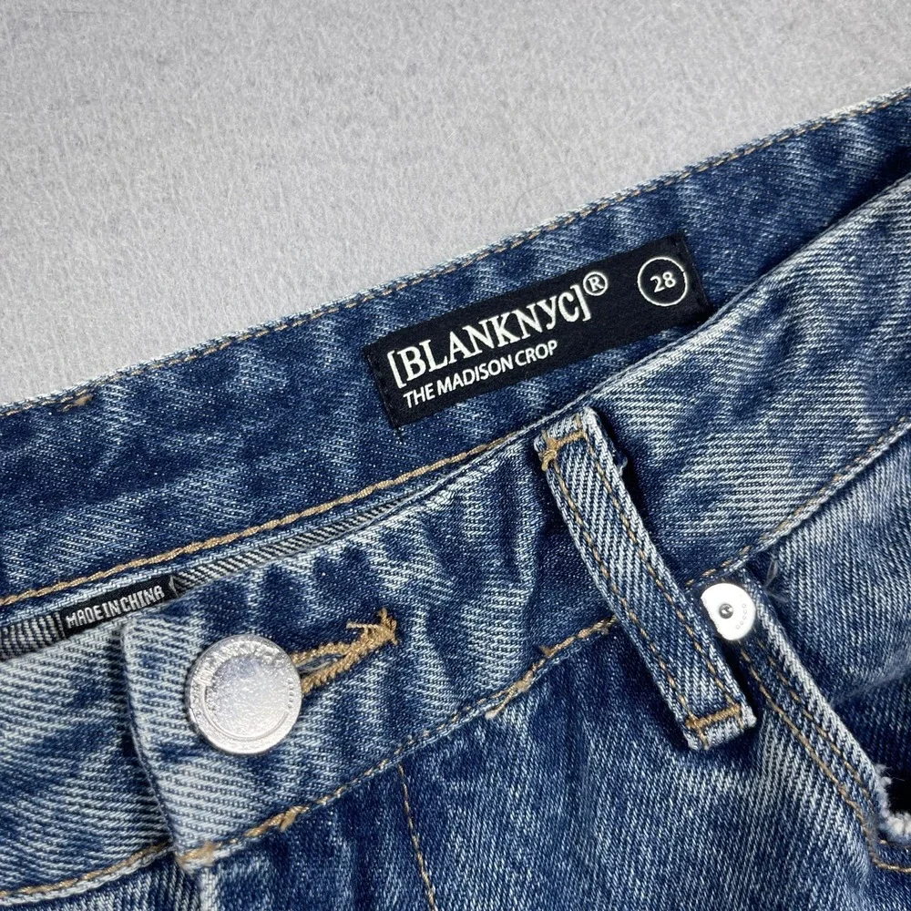 BlankNYC The Madison Crop Jeans Women 28 Blue Distressed High Rise Raw Hem NWT‎